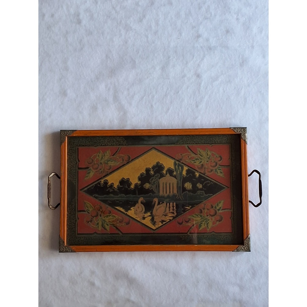 Vintage Reverse Painted Glass Serving Tray Wood Frame Swans Lake Gazebo 17.5in